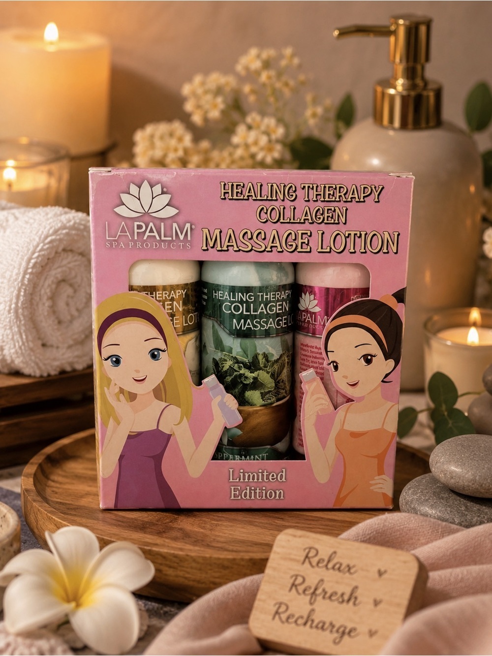 La Palm Healing Therapy Collagen Massage Lotion Set 3 Pc Spa Gift Kit New - Picture 1 of 4